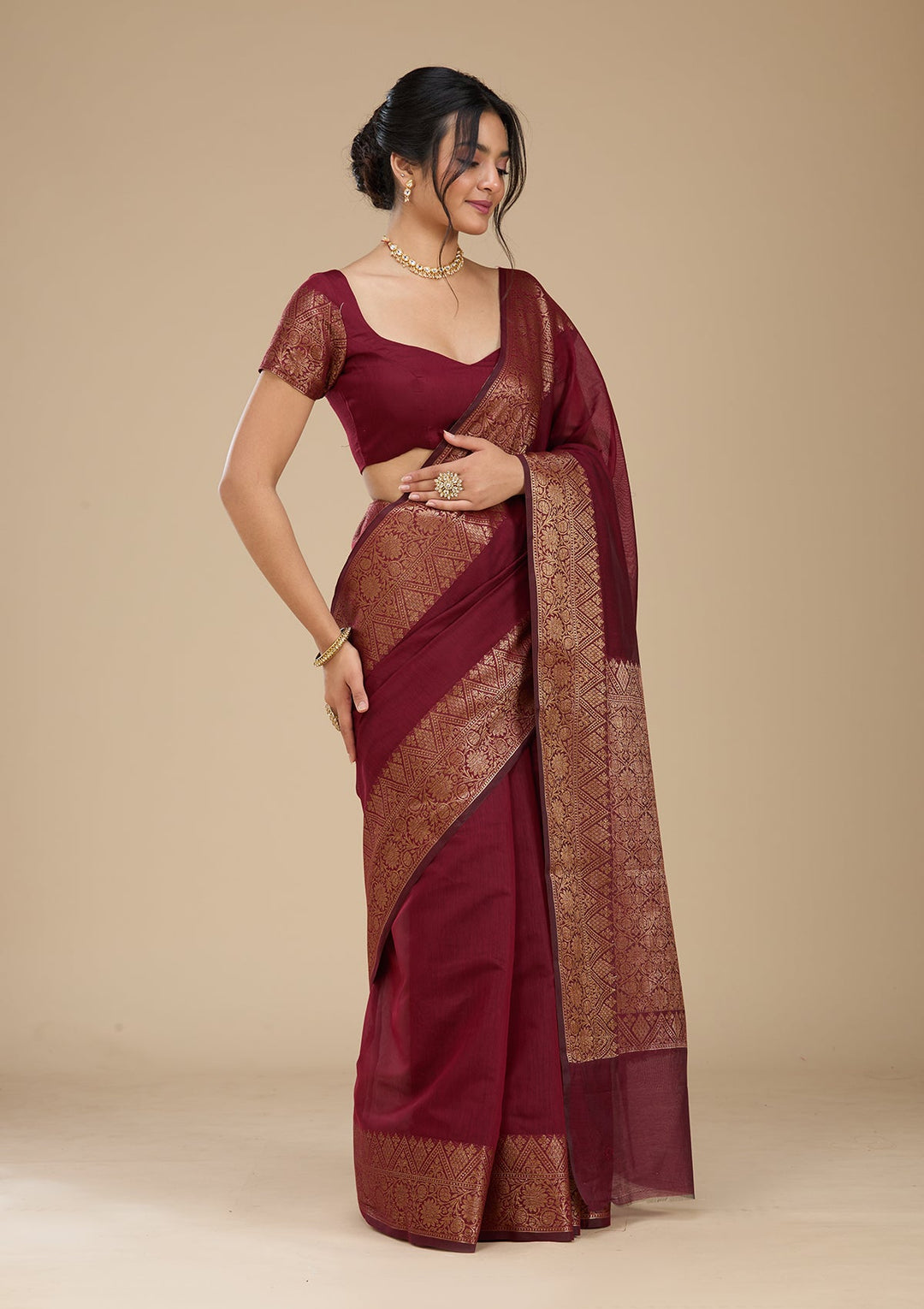 Dark Maroon Banarasi Silk Saree With Matching Blouse Piece