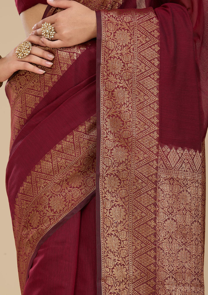 Dark Maroon Banarasi Silk Saree With Matching Blouse Piece