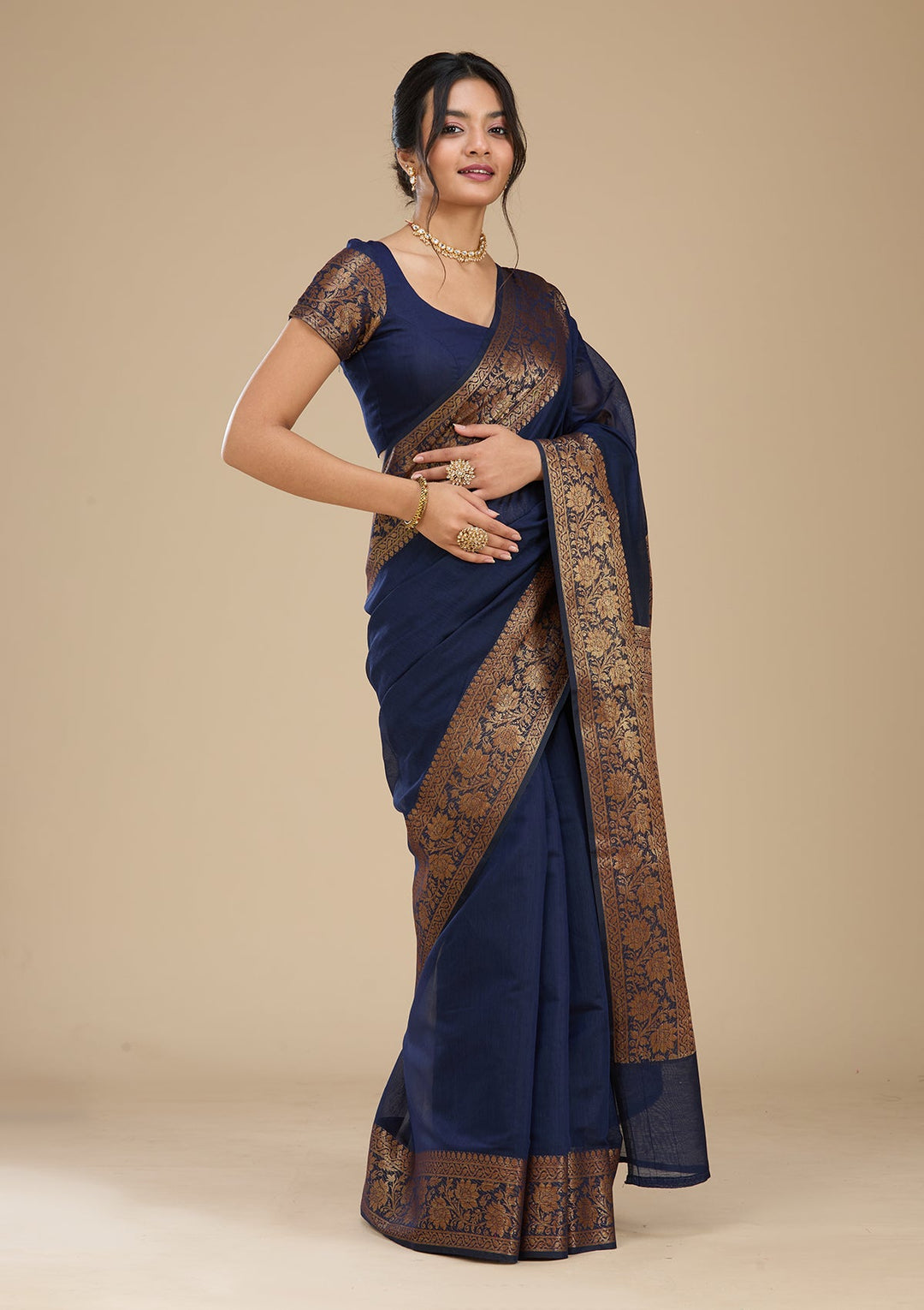 Navy Blue Banarasi Silk Saree With Matching Blouse Piece