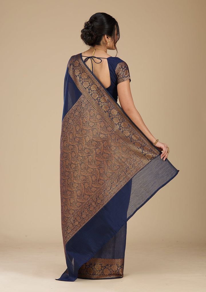 Navy Blue Banarasi Silk Saree With Matching Blouse Piece
