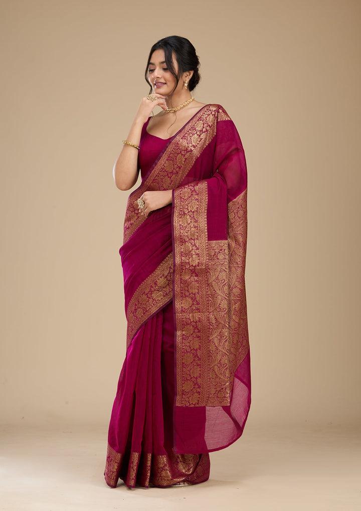Wine Banarasi Silk Saree With Matching Blouse Piece