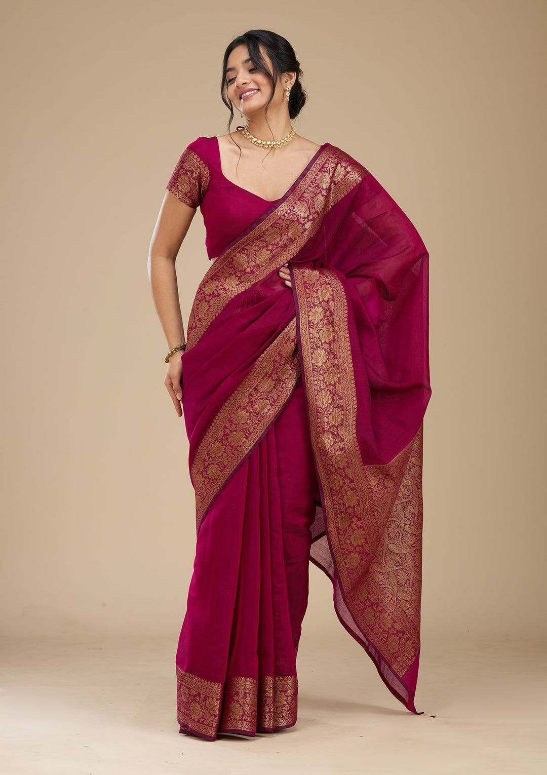 Wine Banarasi Silk Saree With Matching Blouse Piece