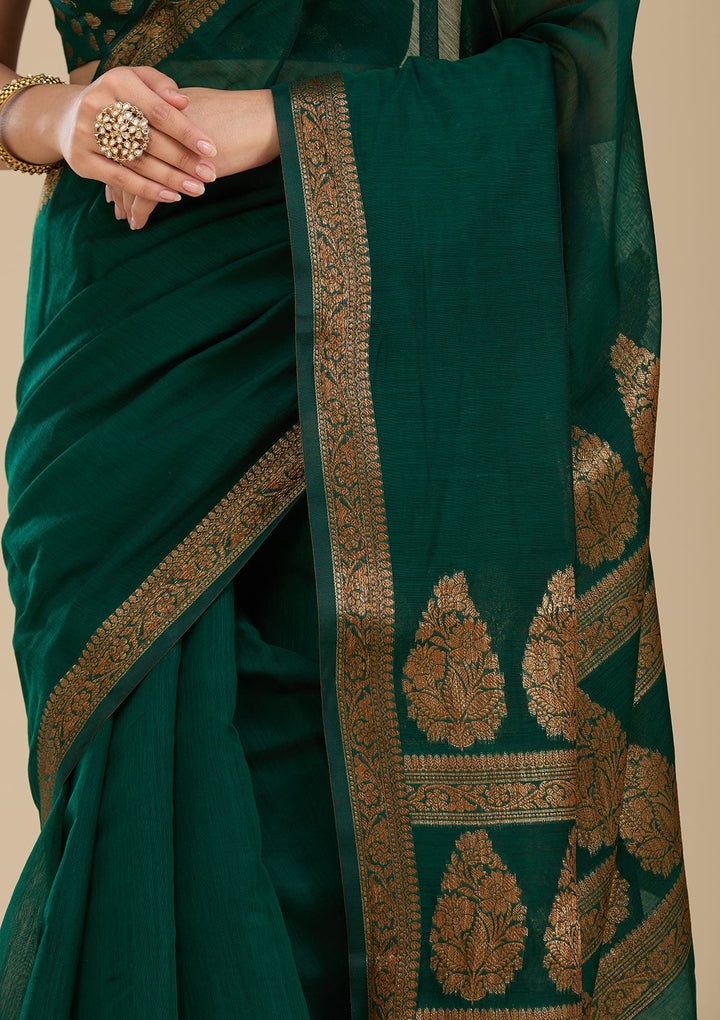Bottle Green Woven Silk Saree With Matching Blouse Piece