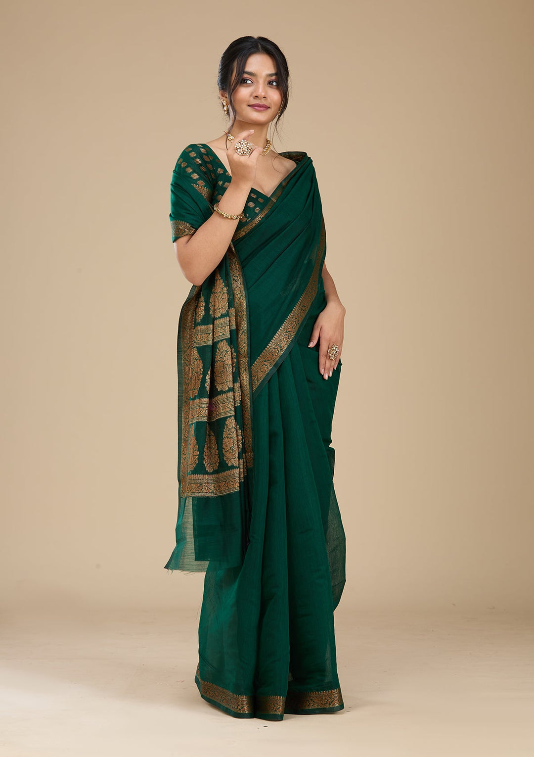 Bottle Green Woven Silk Saree With Matching Blouse Piece