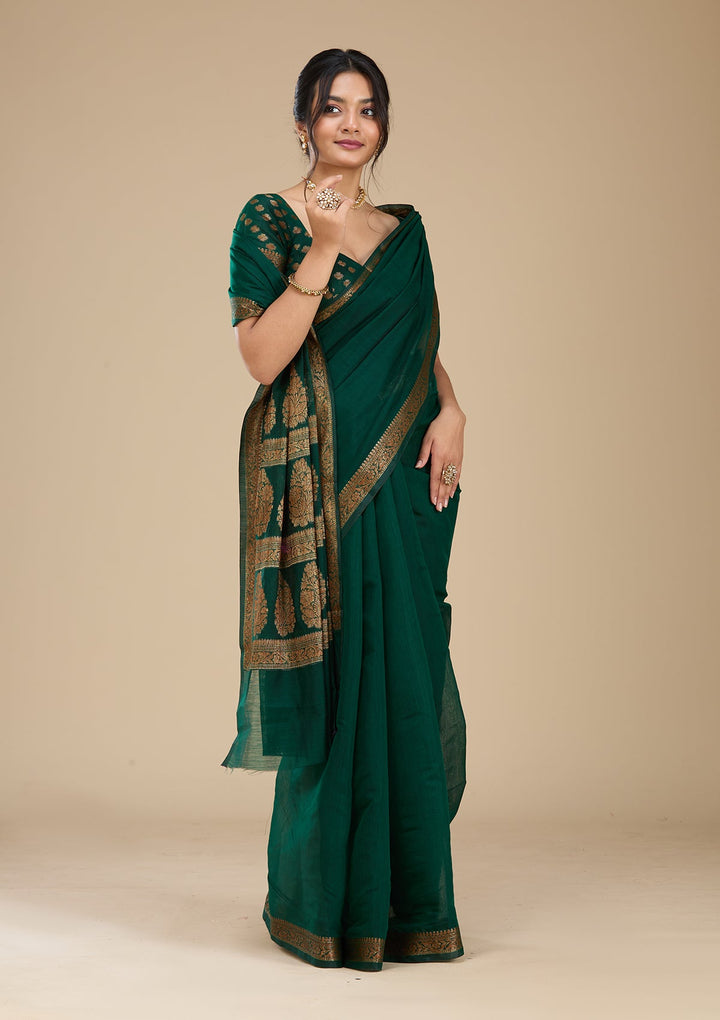Bottle Green Woven Silk Saree With Matching Blouse Piece
