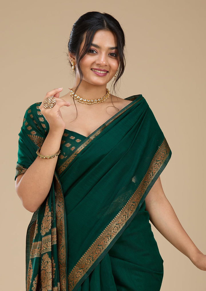 Bottle Green Woven Silk Saree With Matching Blouse Piece