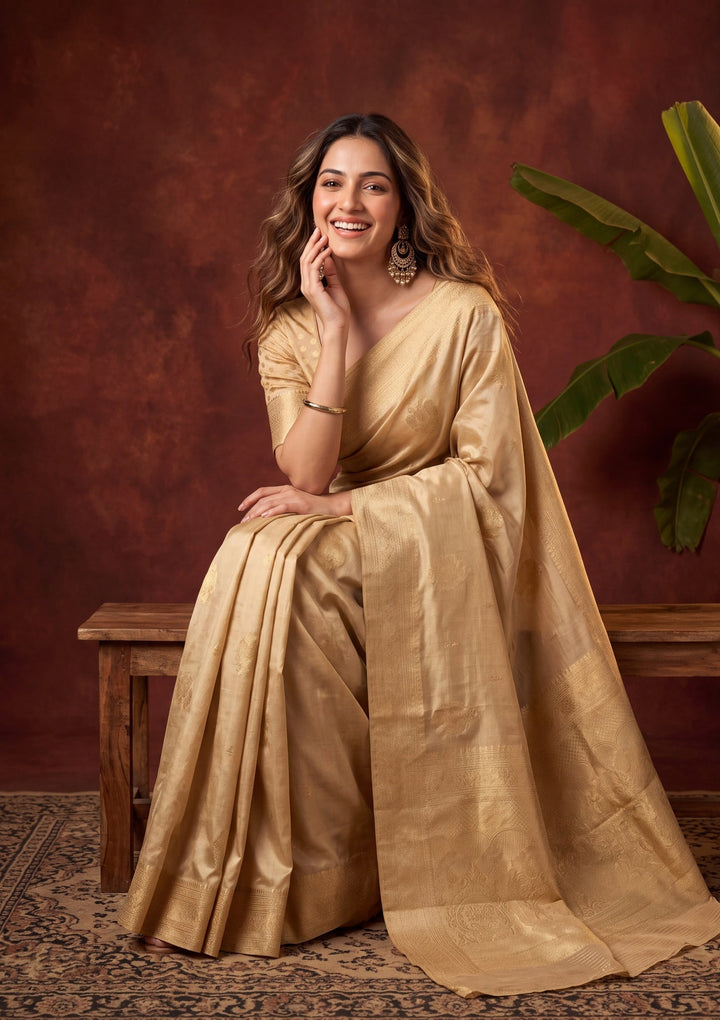 Beige Art Silk Kanjivaram Jaal Saree With Matching Blouse Piece