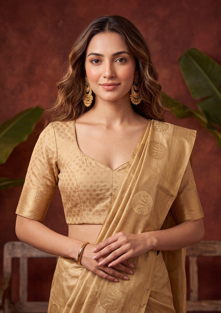Beige Art Silk Kanjivaram Jaal Saree With Matching Blouse Piece