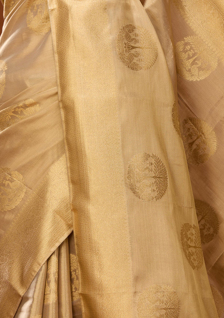 Beige Art Silk Kanjivaram Jaal Saree With Matching Blouse Piece