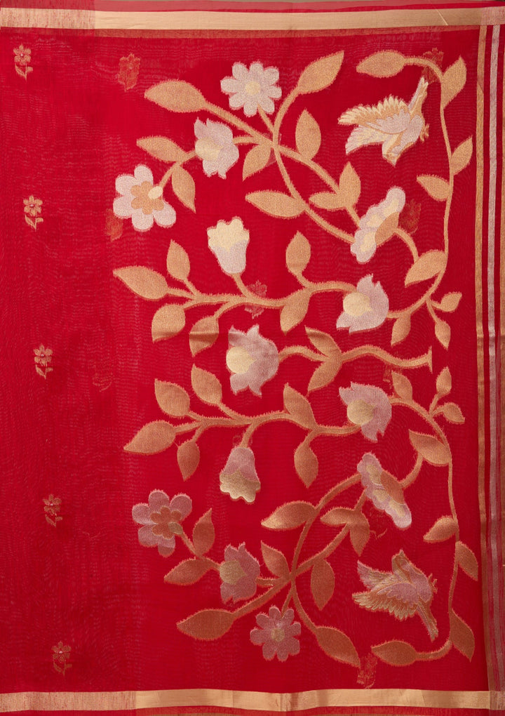 Red Art Silk Kanjivaram Jaal Saree With Matching Blouse Piece
