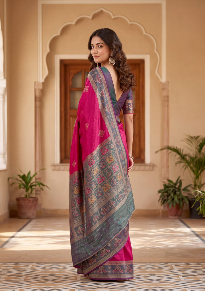 Rani Pink Art Silk Patola Jaal Saree With Matching Blouse Piece