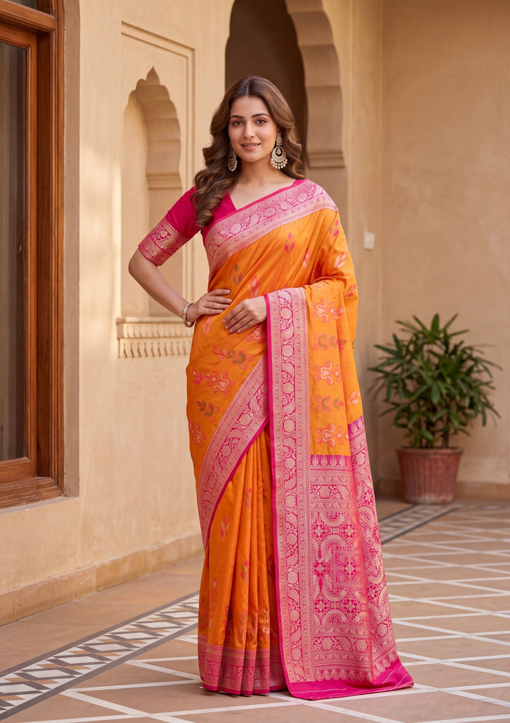 Orange Art Silk Patola Jaal Saree With Matching Blouse Piece