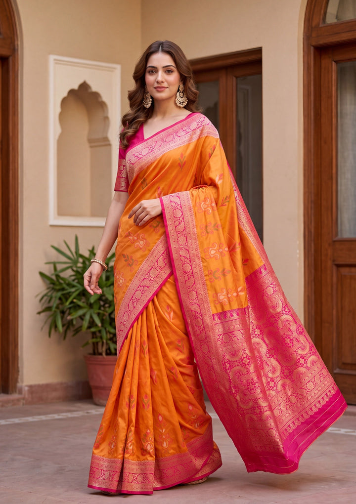 Orange Art Silk Patola Jaal Saree With Matching Blouse Piece