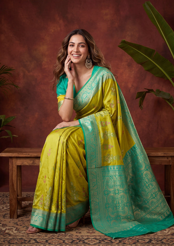 Parrot Green Silk Jaal Saree With Matching Blouse Piece