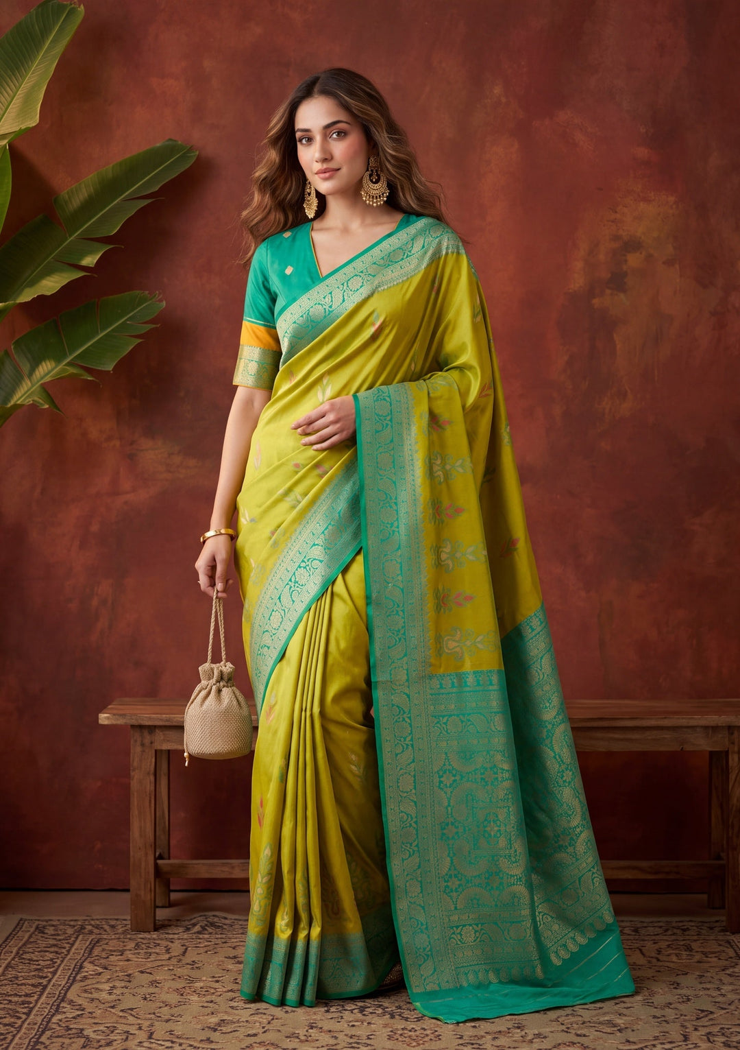 Parrot Green Silk Jaal Saree With Matching Blouse Piece