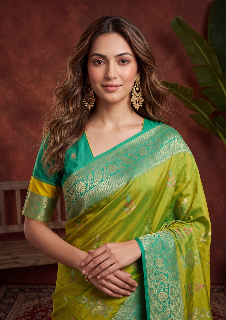 Parrot Green Silk Jaal Saree With Matching Blouse Piece