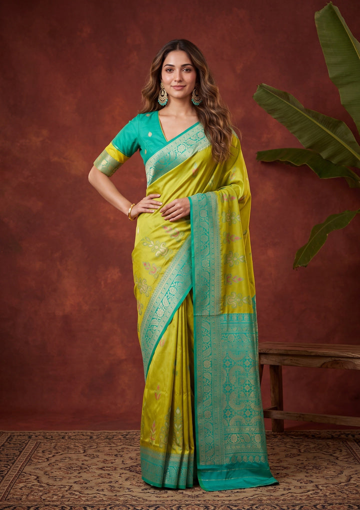 Parrot Green Silk Jaal Saree With Matching Blouse Piece