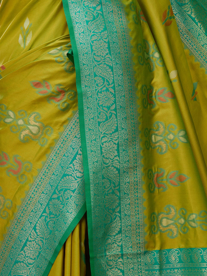 Parrot Green Silk Jaal Saree With Matching Blouse Piece