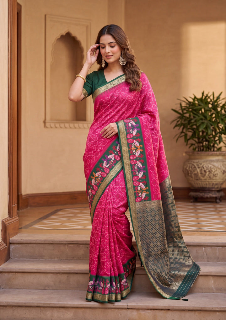 Rani Pink Art Silk Patola Jaal Saree With Matching Blouse Piece