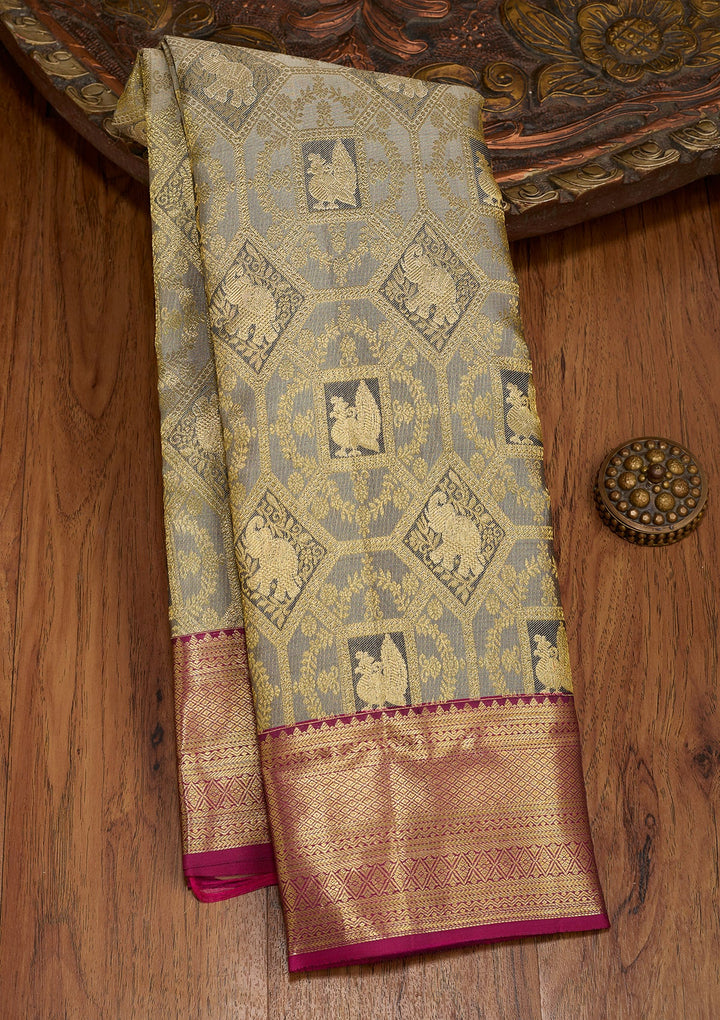 Light Grey Dharmavaram Pure Silk Saree With Matching Blouse Piece
