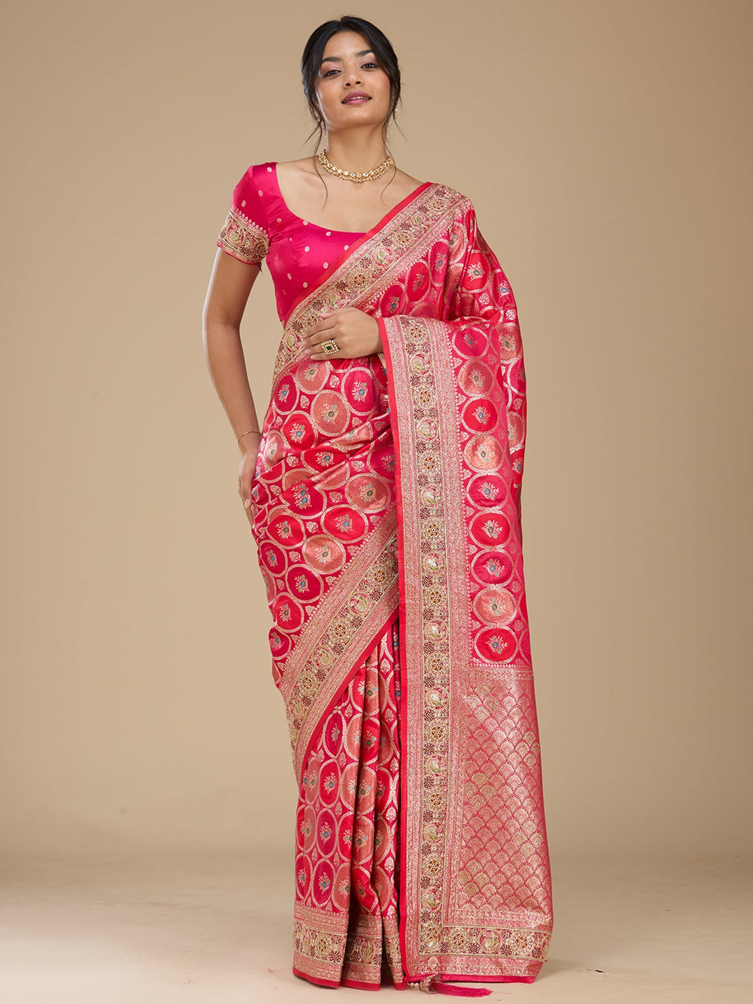 Rani Pink Banarasi Art Silk Saree With Matching Blouse Piece