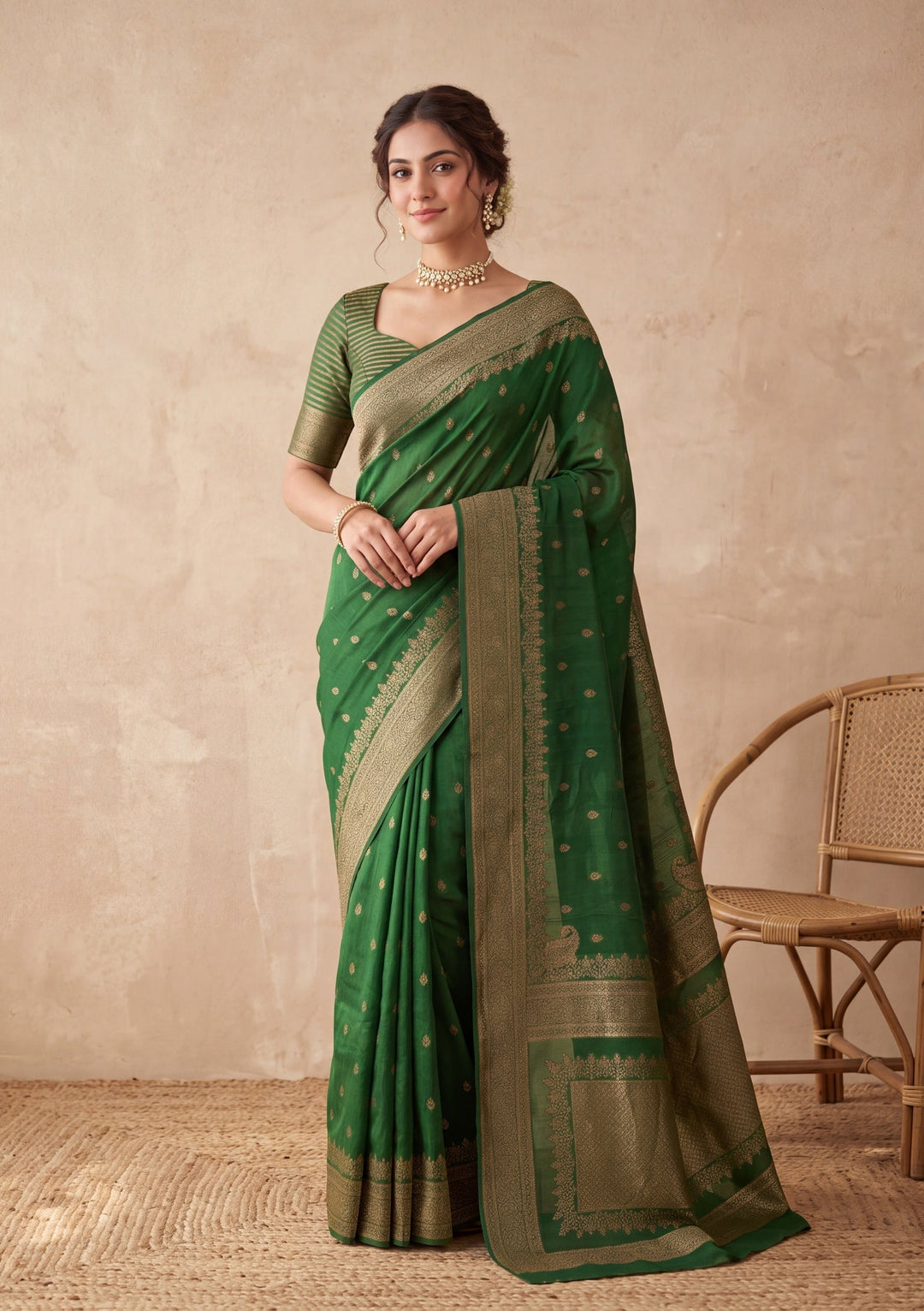 Bottle Green Silk Buti Banarasi Saree With Matching Blouse Piece