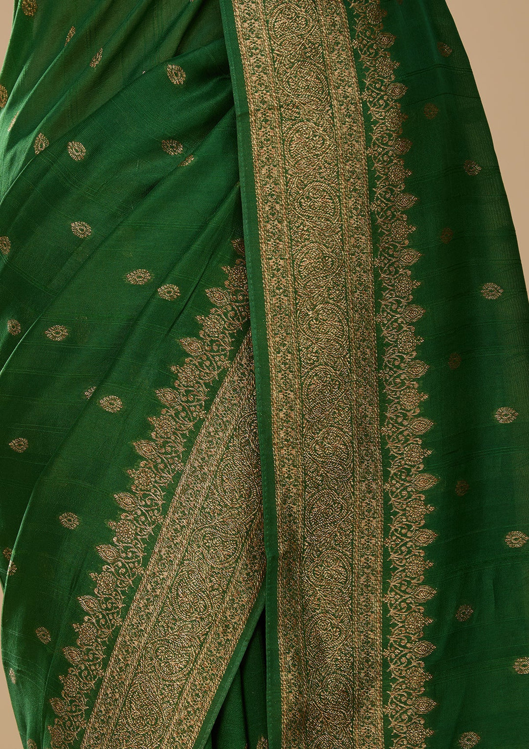 Bottle Green Silk Buti Banarasi Saree With Matching Blouse Piece