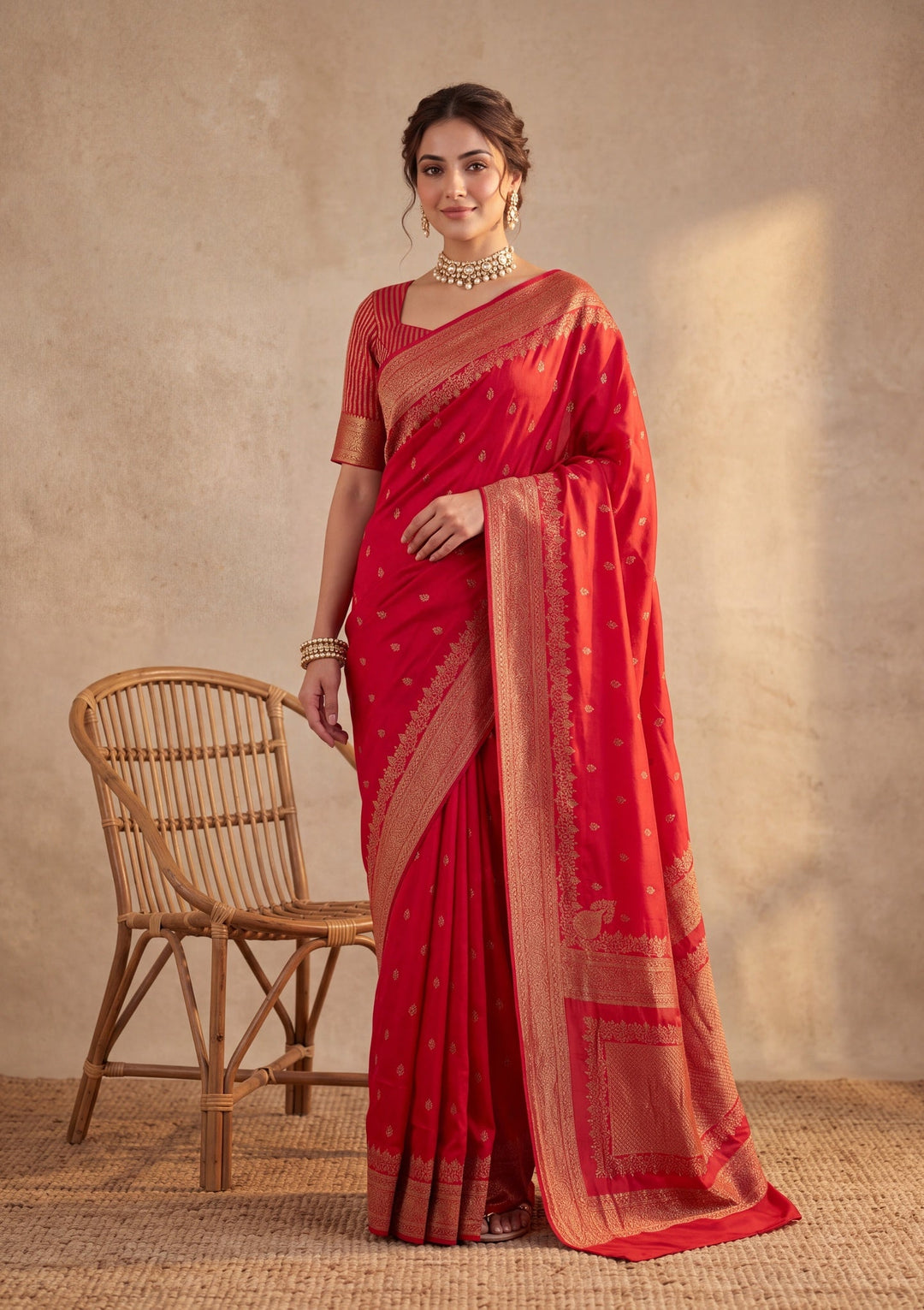 Red Silk Buti Saree With Matching Blouse Piece