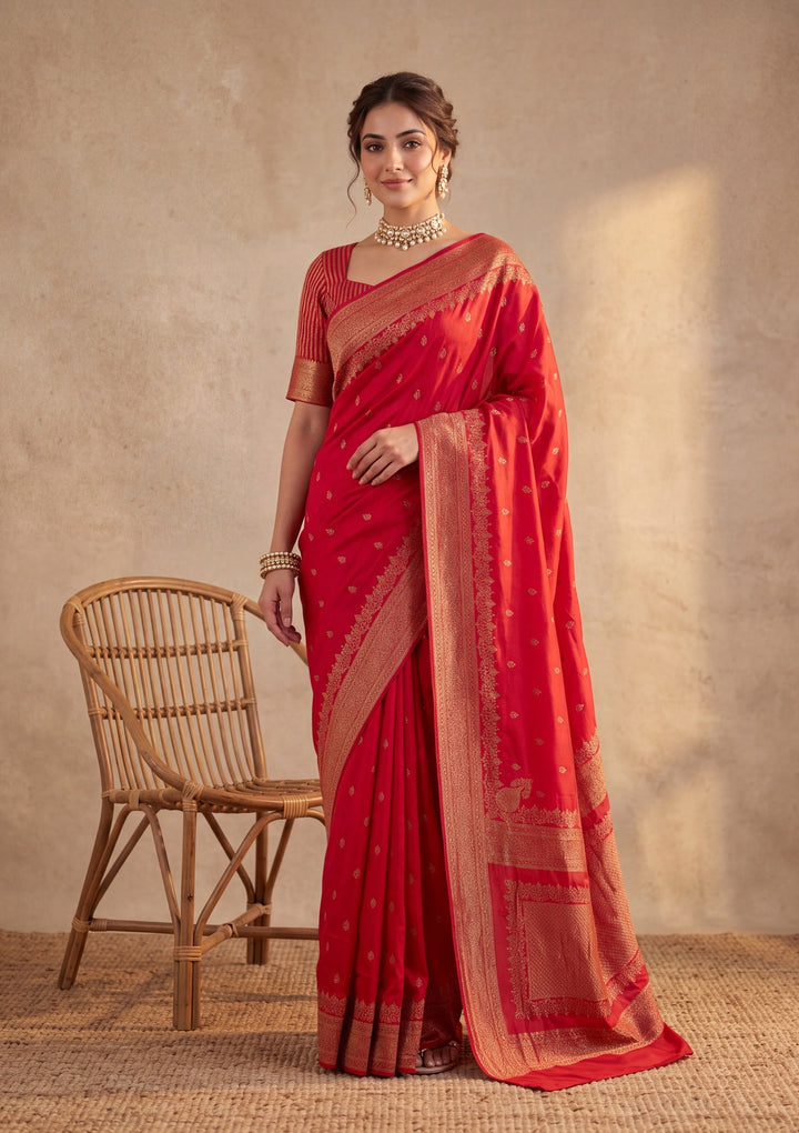 Red Silk Buti Saree With Matching Blouse Piece