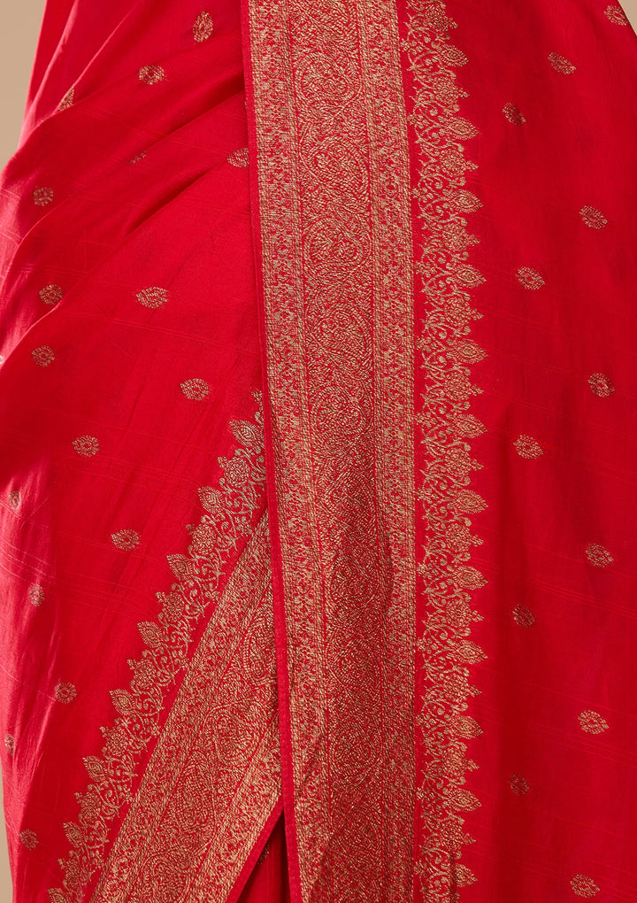 Red Silk Buti Saree With Matching Blouse Piece