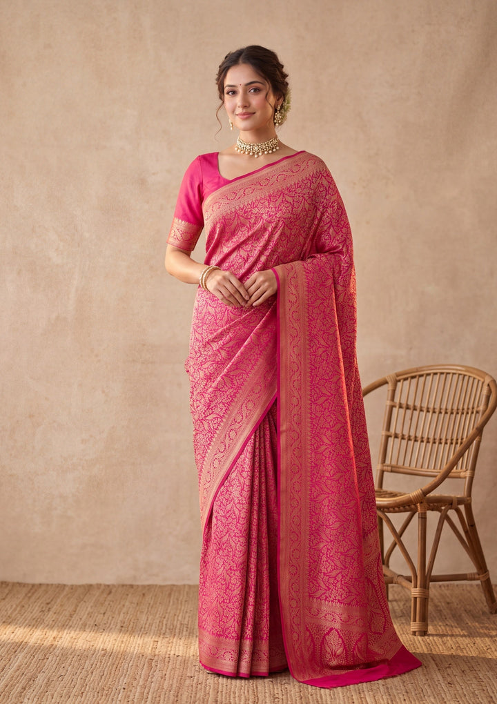 Rani Pink Silk Jaal Saree With Matching Blouse Piece