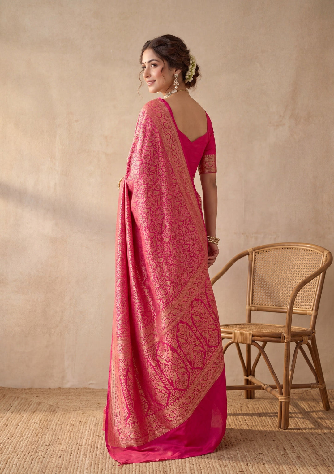 Rani Pink Silk Jaal Saree With Matching Blouse Piece