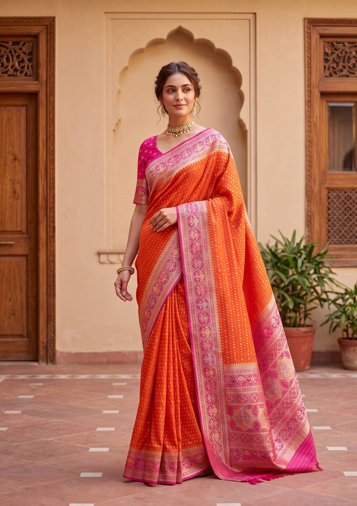 Orange Banarasi Art Silk Saree With Matching Blouse Piece