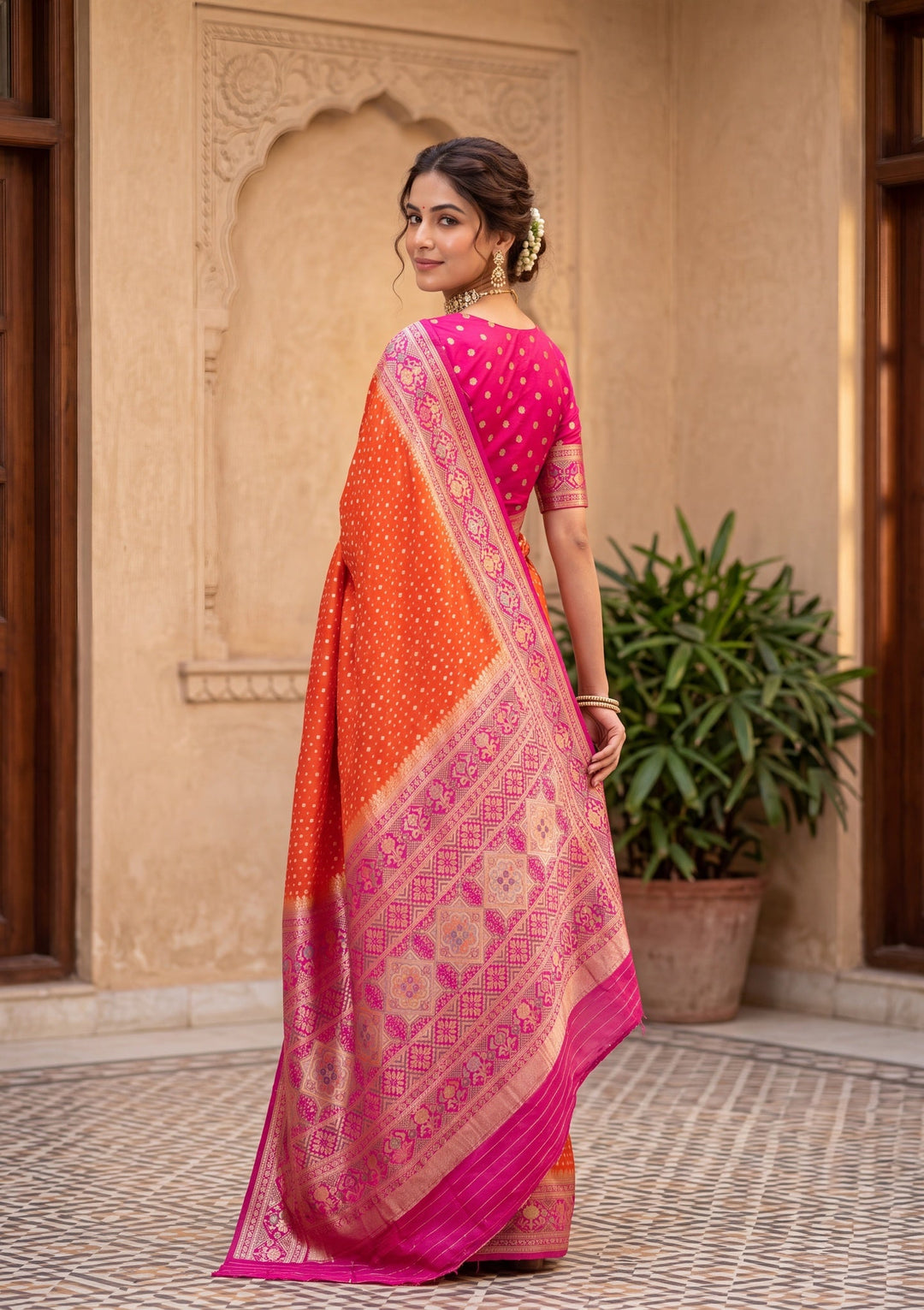 Orange Banarasi Art Silk Saree With Matching Blouse Piece