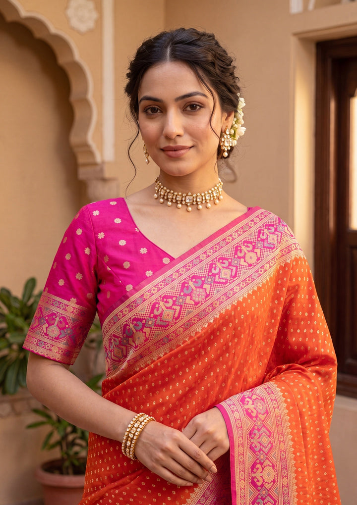 Orange Banarasi Art Silk Saree With Matching Blouse Piece