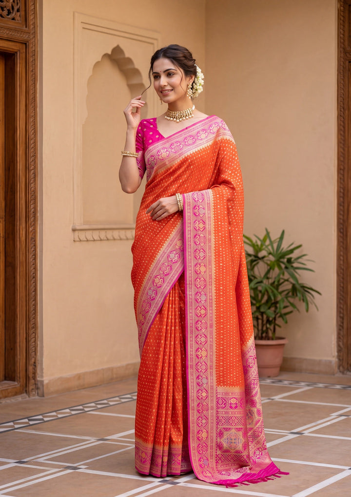 Orange Banarasi Art Silk Saree With Matching Blouse Piece