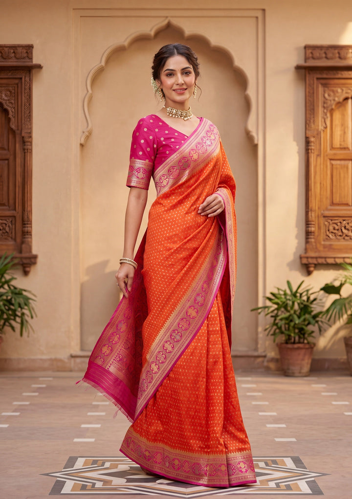 Orange Banarasi Art Silk Saree With Matching Blouse Piece