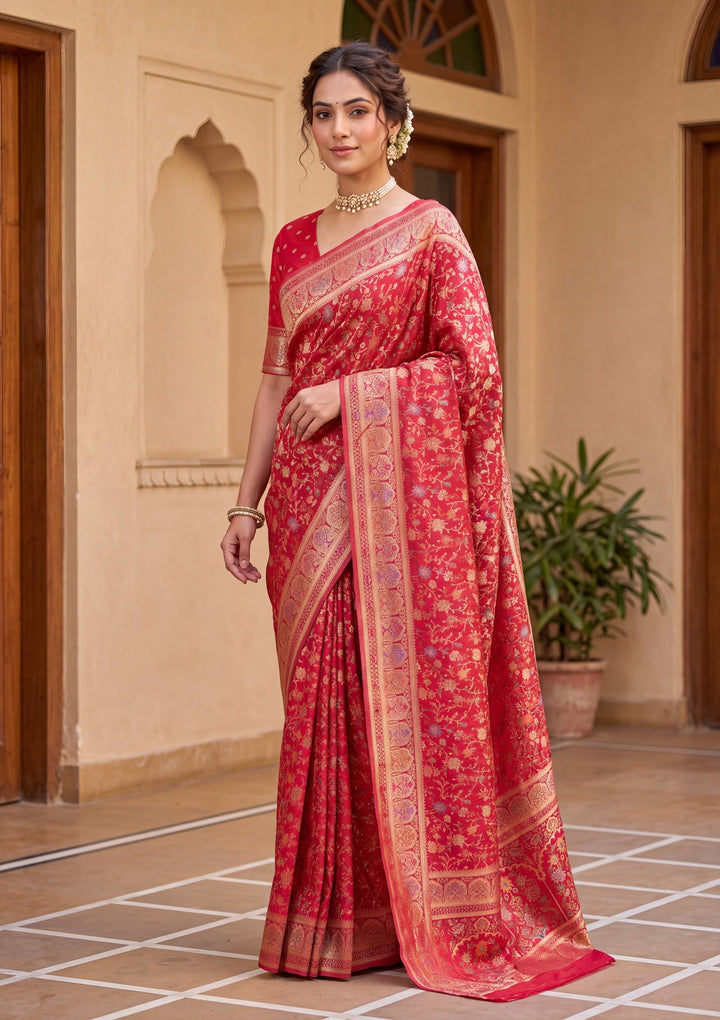 Red Silk Jaal Saree With Matching Blouse Piece