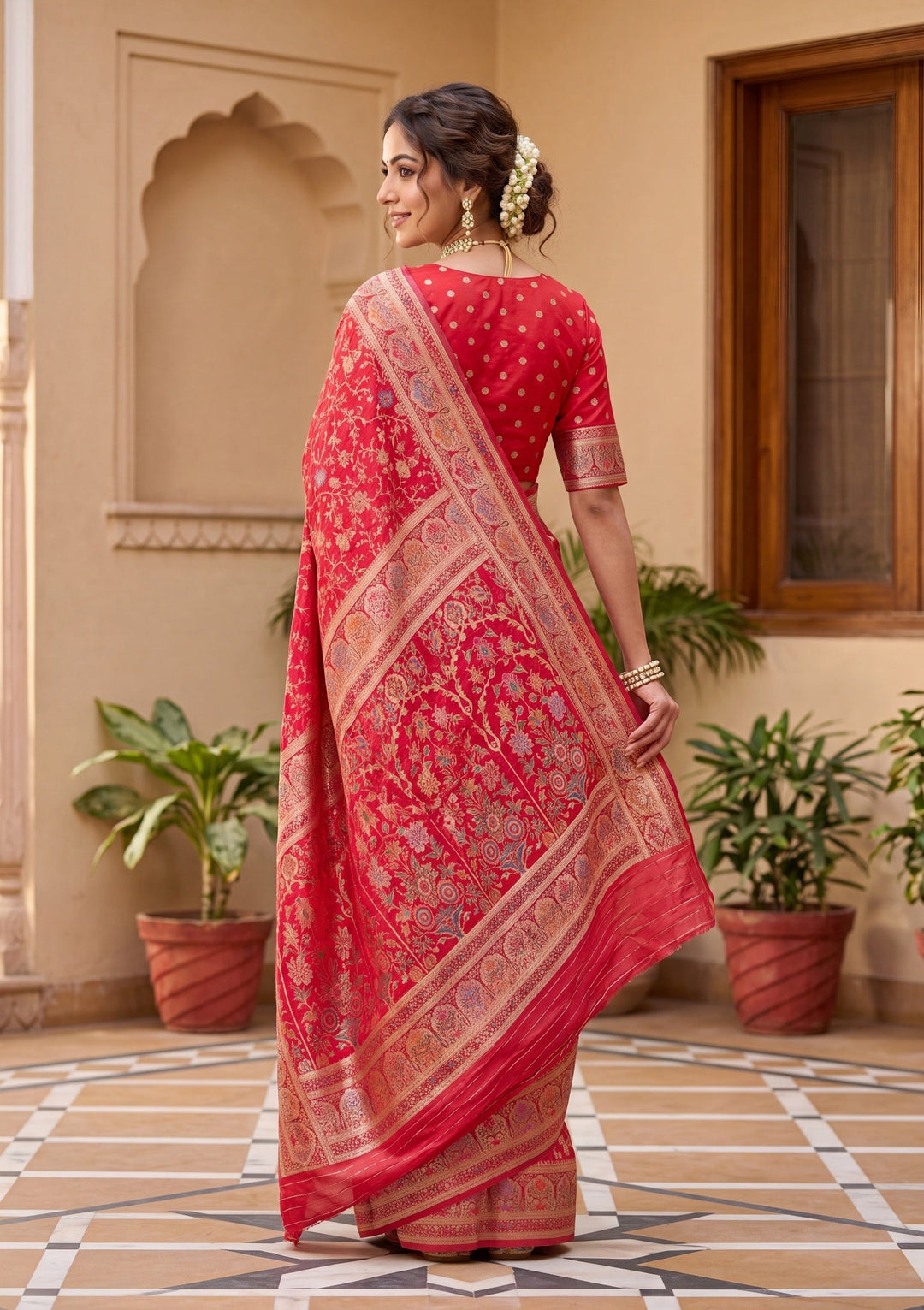 Red Silk Jaal Saree With Matching Blouse Piece