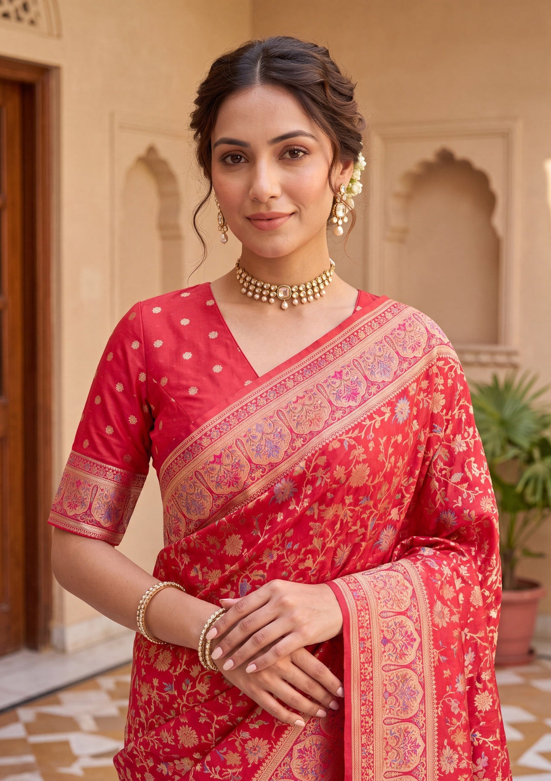 Red Silk Jaal Saree With Matching Blouse Piece
