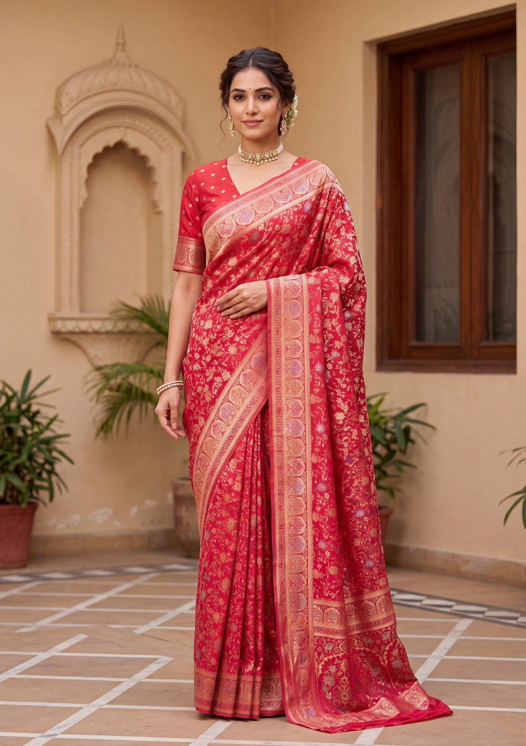 Red Silk Jaal Saree With Matching Blouse Piece