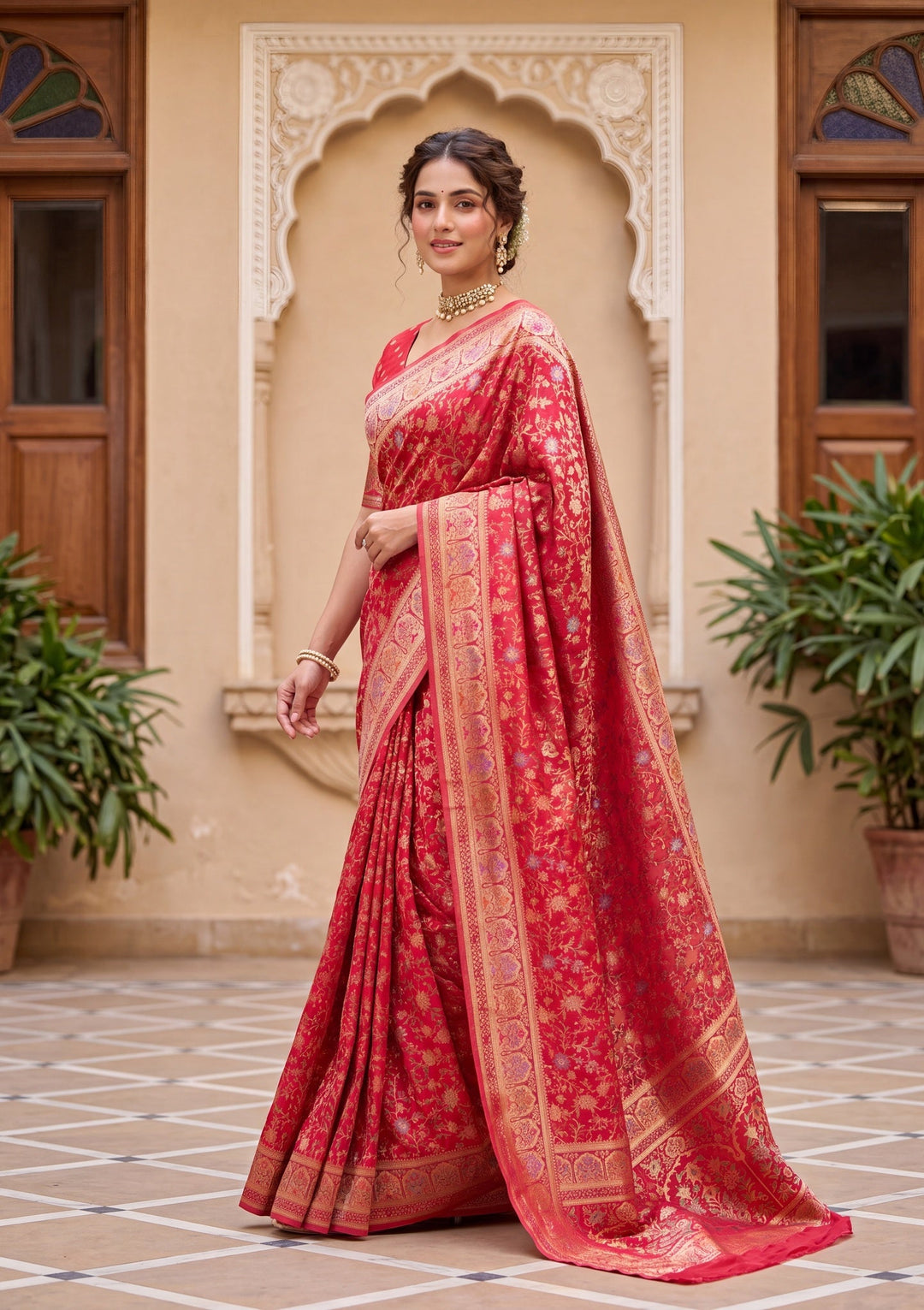 Red Silk Jaal Saree With Matching Blouse Piece