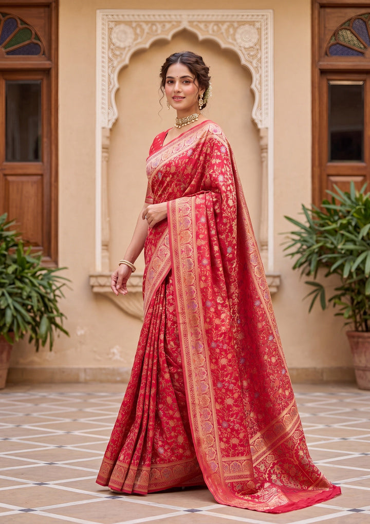 Red Silk Jaal Saree With Matching Blouse Piece