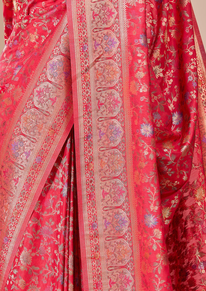 Red Silk Jaal Saree With Matching Blouse Piece