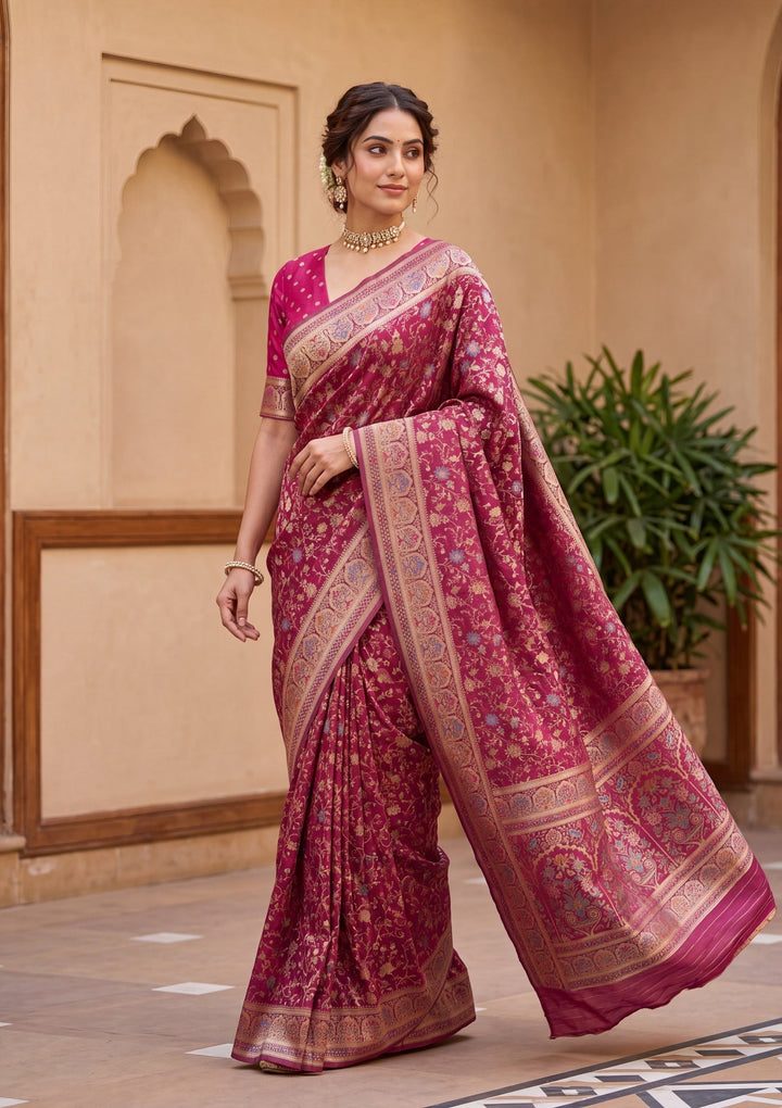 Wine Silk Jaal Saree With Matching Blouse Piece