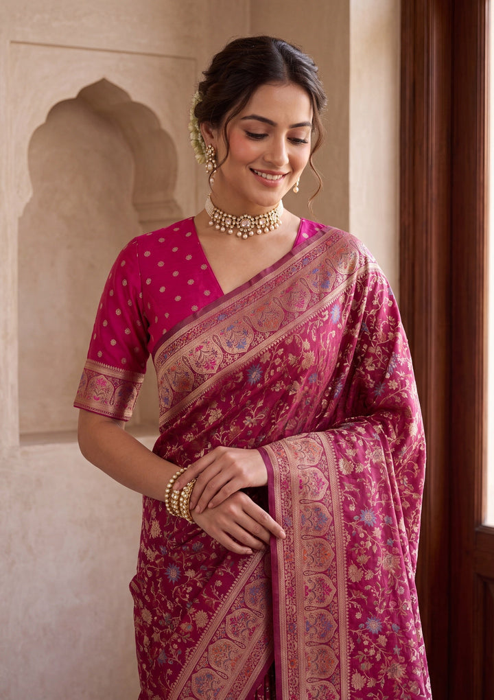 Wine Silk Jaal Saree With Matching Blouse Piece