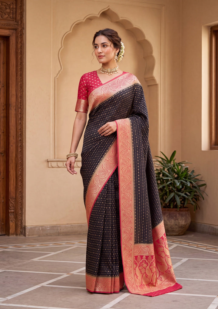 Black Silk Buti Saree With Matching Blouse Piece