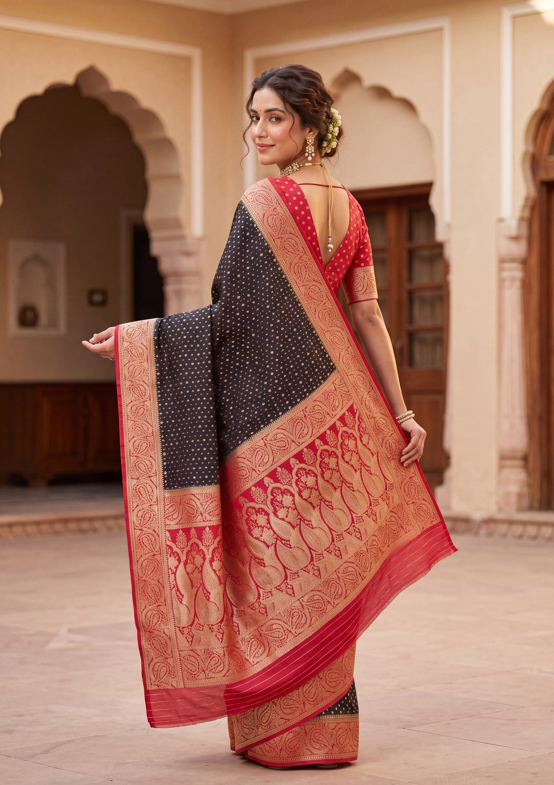 Black Silk Buti Saree With Matching Blouse Piece