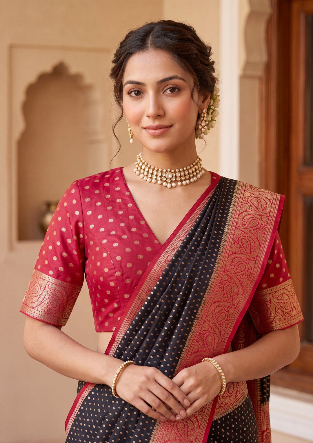 Black Silk Buti Saree With Matching Blouse Piece