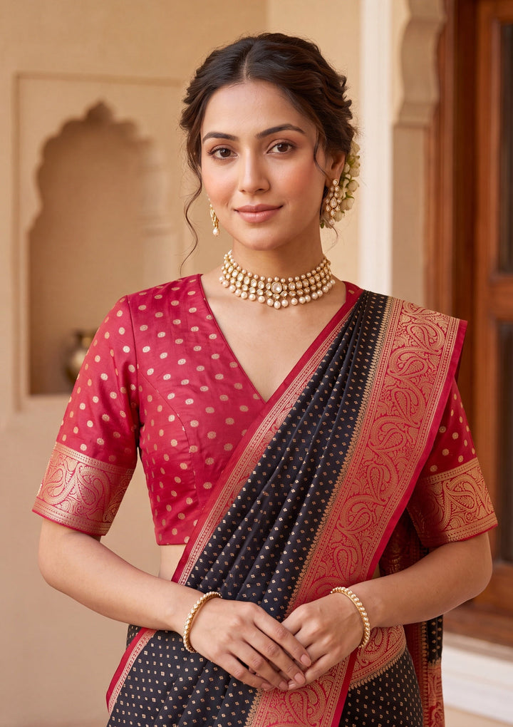 Black Silk Buti Saree With Matching Blouse Piece